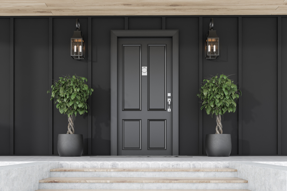 Stylish,Black,Front,Door,Of,Modern,House,With,Black,Walls,
